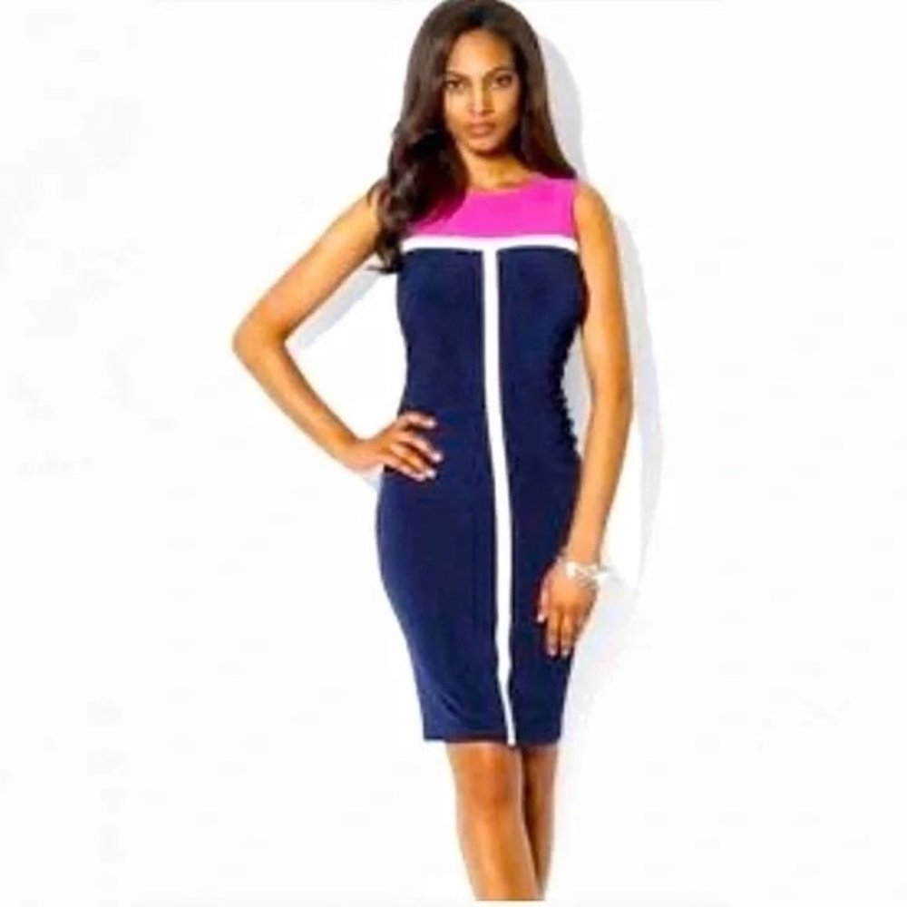 Lauren Ralph Lauren Womens Color Block Shift Dress Side Ruched Blue Pink Size 4